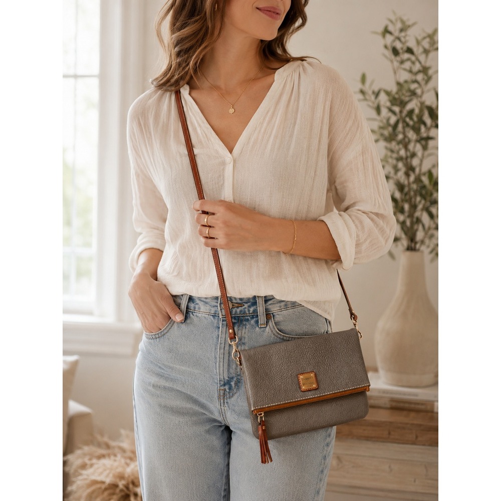 Dooney & Bourke Pebble Leather Foldover Crossbody Bag Taupe Gray Brown Tassel - Picture 2 of 11